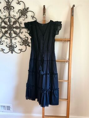 J. Crew Black Tiered Midi Dress with Tassel Tie